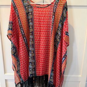 Swimsuit coverup Red Patterned Kimono with Fringe